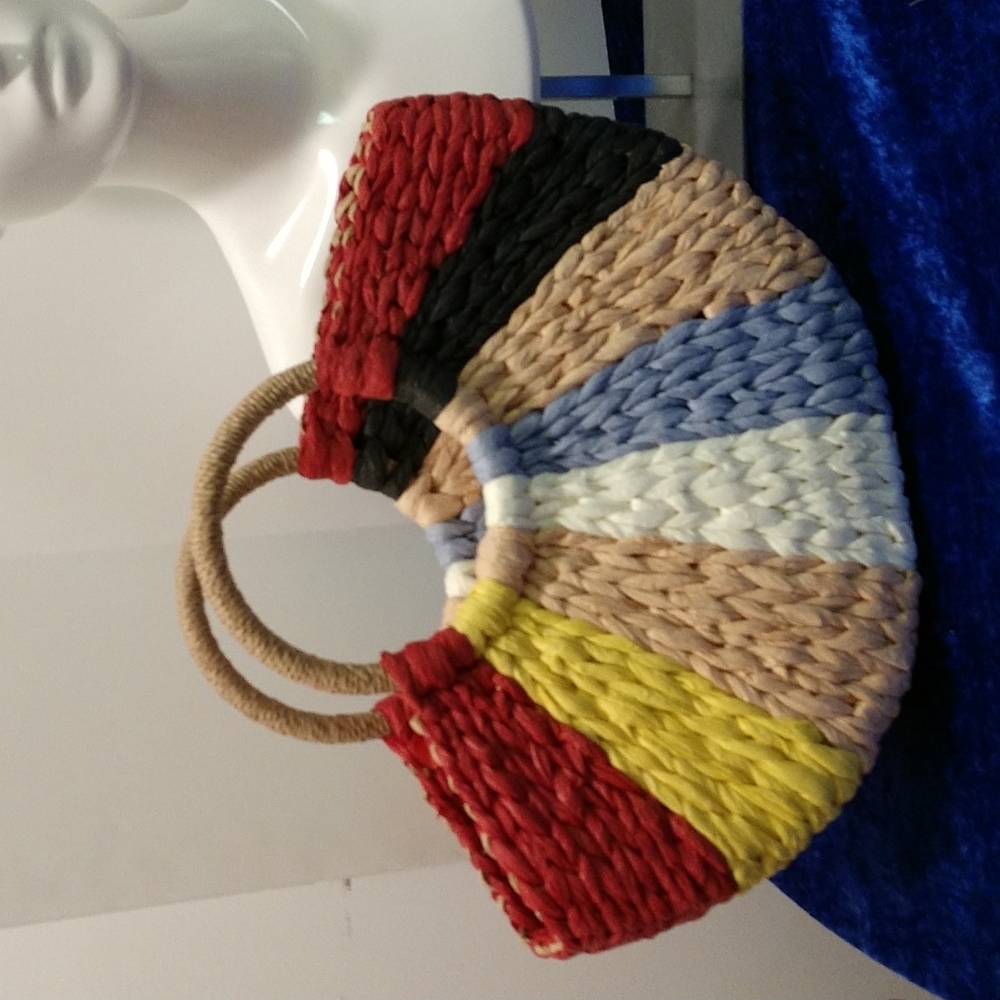 SALE Hand Woven Crochet Straw Rattan Boho Shoulder Tote Bag Circle Multi Colors - Picture 2 of 10